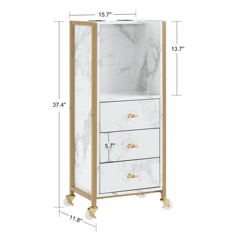 BarberPub Salon Utility Cart with Hair Dryer Holders and 3 Drawers, Lockable Wheels