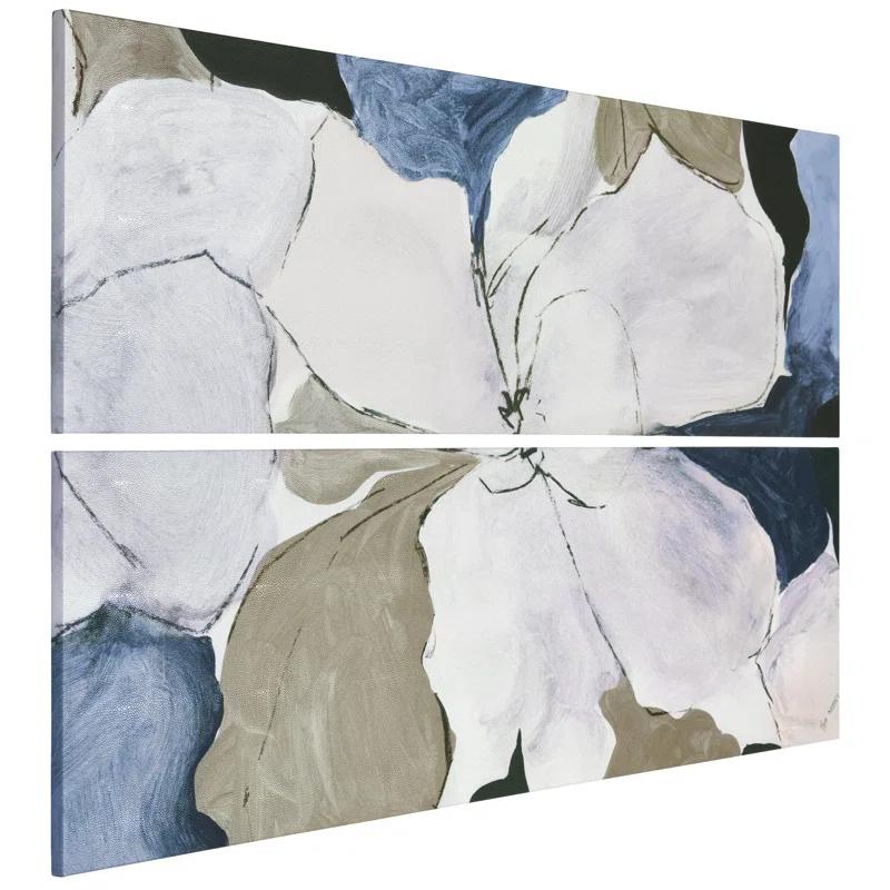 "Floral Serenity I & II", Flower Abstract Artwork on Silver Shagreen Wrapped Canvas Wall Art Set