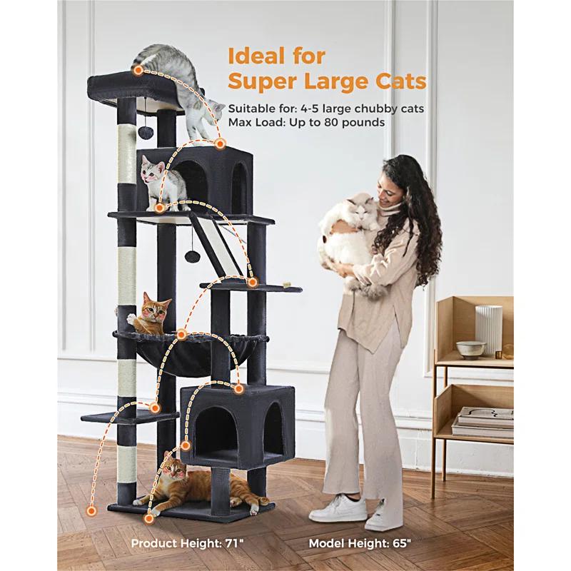 Cat Tree For Large Cats, 71" Tall Cat Tower, Large Cat Tree For Indoor Cats, Multi-Level Cat House Furniture With 2 Big Condo Pad Bed, Cozy Hammock And Sisal Scratching Posts