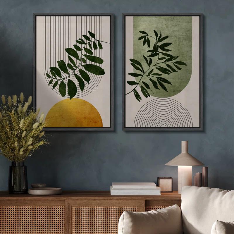 IDEA4WALL Mid Century Modern Boho Green Yellow Bright Plant Art Framed Canvas 2 Pieces Print  Wall Art Set
