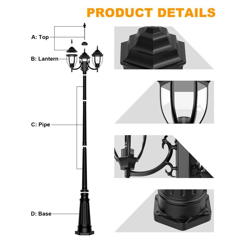 HONGKONG YEEZEN LIGHTING CO., LIMITED Lamp Post Outdoor Lighting, 3-Head Black Hard Wired Pole Light For Outside, E26 Base Maximum 100W (Bulb Not Included), Waterproof Street Light Fixture For Yard, Garden, Driveway (Classic)