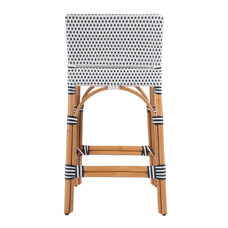 White and Navy Dot Rattan Low Back Counter Stool