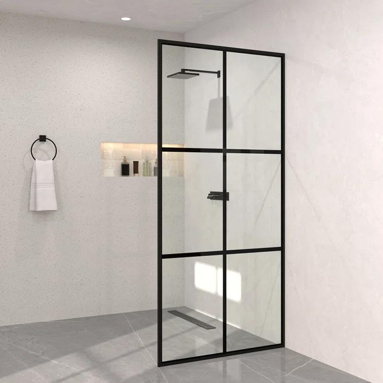 Hermitage Bath Hilma 34 In. W X 72 In. H Fixed Framed Shower Door In Matte Black Finish With Patterned Glass 1010A-HBMB