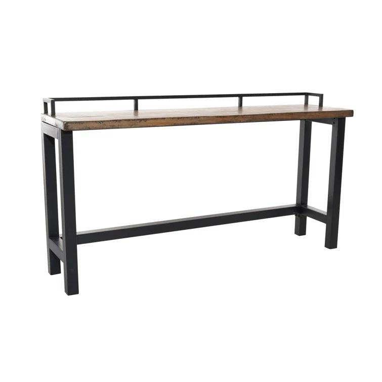 Benjara Fyan Counter Table W Rails, Black Iron Base, 71 Inch Rectangular Top