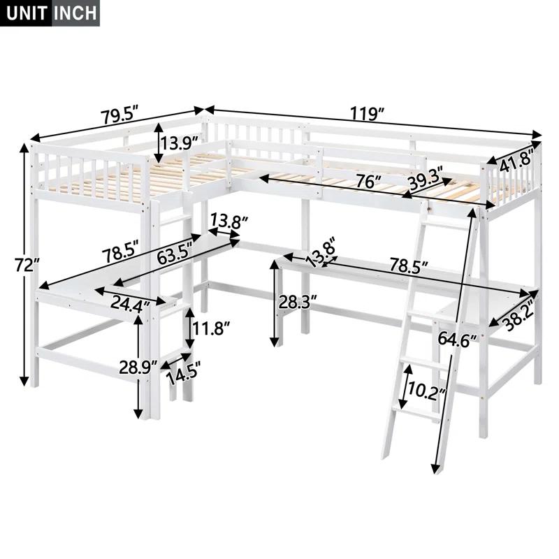 Blendoi Brooke Wood Twin Size L-Shaped Loft Bed with Ladder and 2 Built-in L-Shaped Desks, White