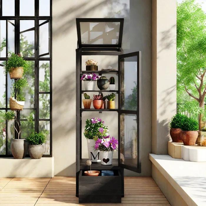 mosaicmotifco Wood Garden Greenhouse Balcony Portable Mini Cold Frame With Movable Storage Box, Adjustable Shelves And 1 Drawer