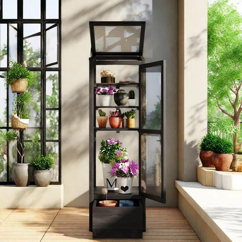 mosaicmotifco Wood Garden Greenhouse Balcony Portable Mini Cold Frame With Movable Storage Box, Adjustable Shelves And 1 Drawer