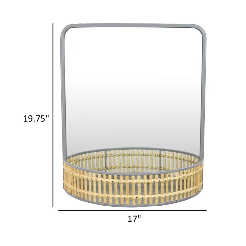 Benjara Elpis Wall Mirror Decor with Woven Shelf, 20 Inch Tall Metal