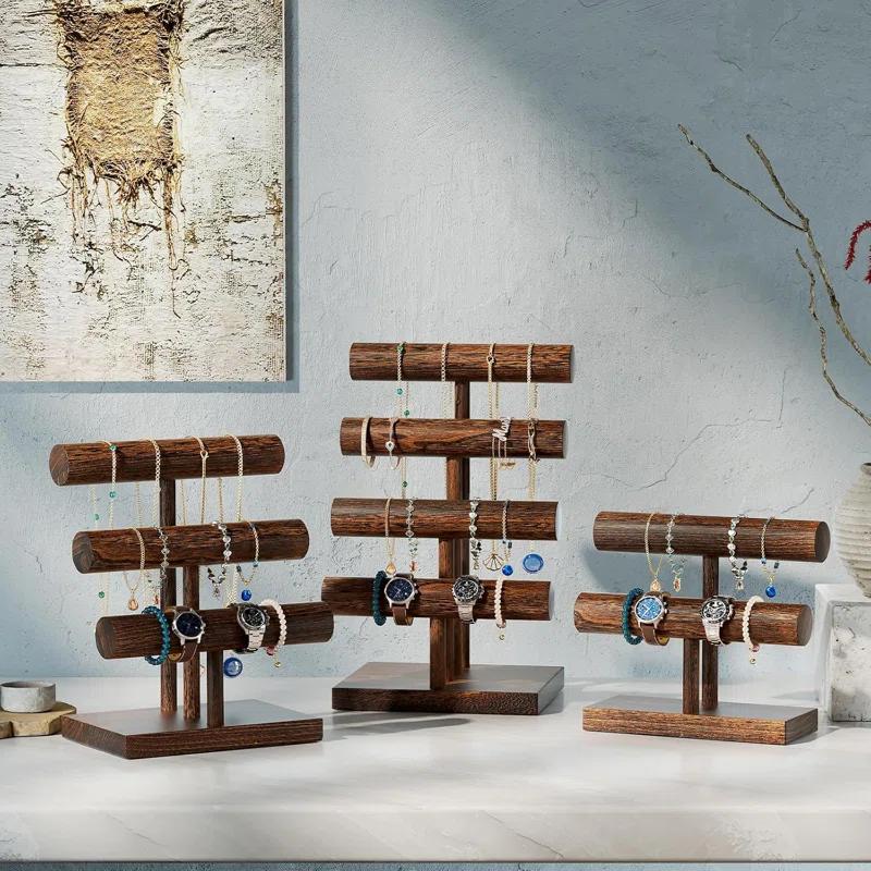 Gracie Oaks Bracelet Holder Display Bracelet Organizer, Wooden Bracelet Stand For Selling, T-Bar Bangle Storage Rack Wood Watch Display Tower For Business - 4 Tier, Brown | Wayfair