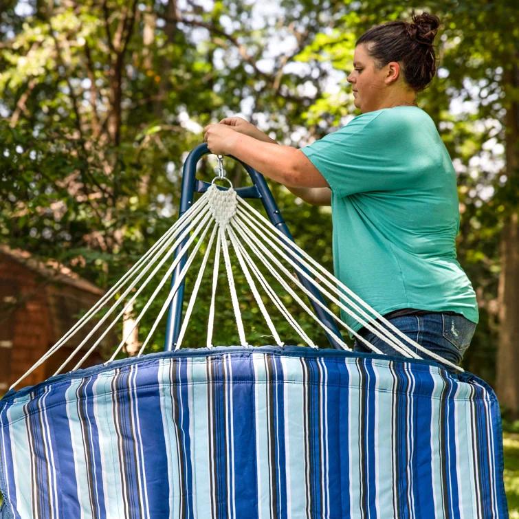 Arlmont & Co. Patrricia Quilted Polyester Curved Metal Spreader Bar Hammock with Pillow - Catalina Beach