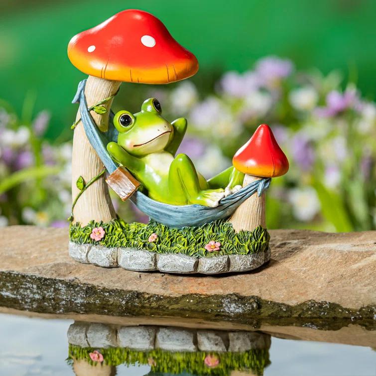 Colorful Resin Frog Relaxing in Hammock Garden Statue, 8"H