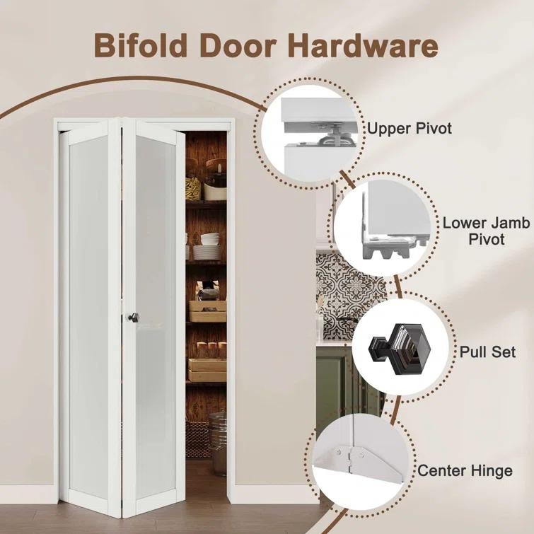 EASELIFE Frosted Glass And Solid Manufactured Wood Bi-Fold Door With Installation Hardware Kit