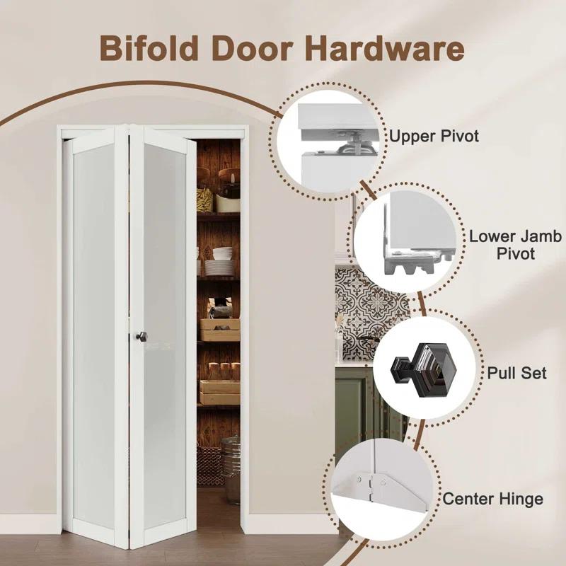 EASELIFE Frosted Glass And Solid Manufactured Wood Bi-Fold Door With Installation Hardware Kit