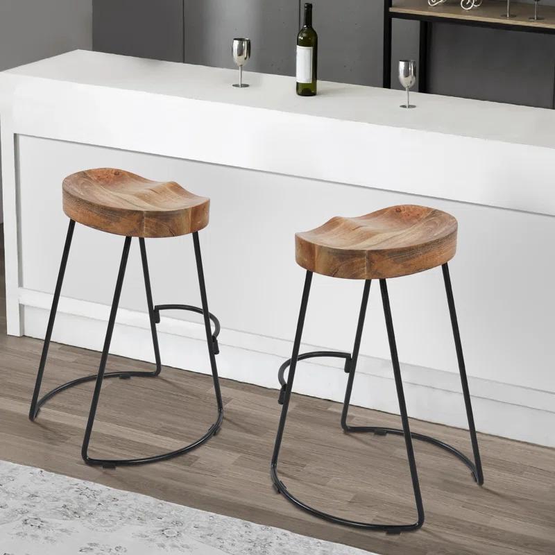 The Urban Port 24 Inch Mango Wood Industrial Counter Height Stool, Saddle Seat, Iron, Set of 2, Brown, Black