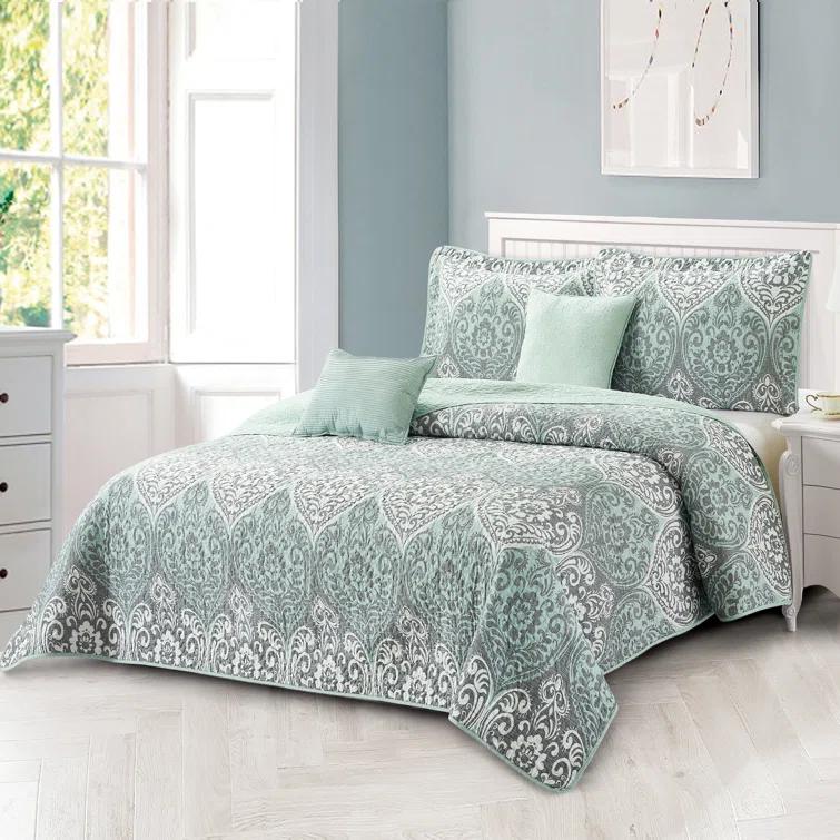 Home Soft Things 5 Piece Kingston Damask Printed Microfiber Quilts Set