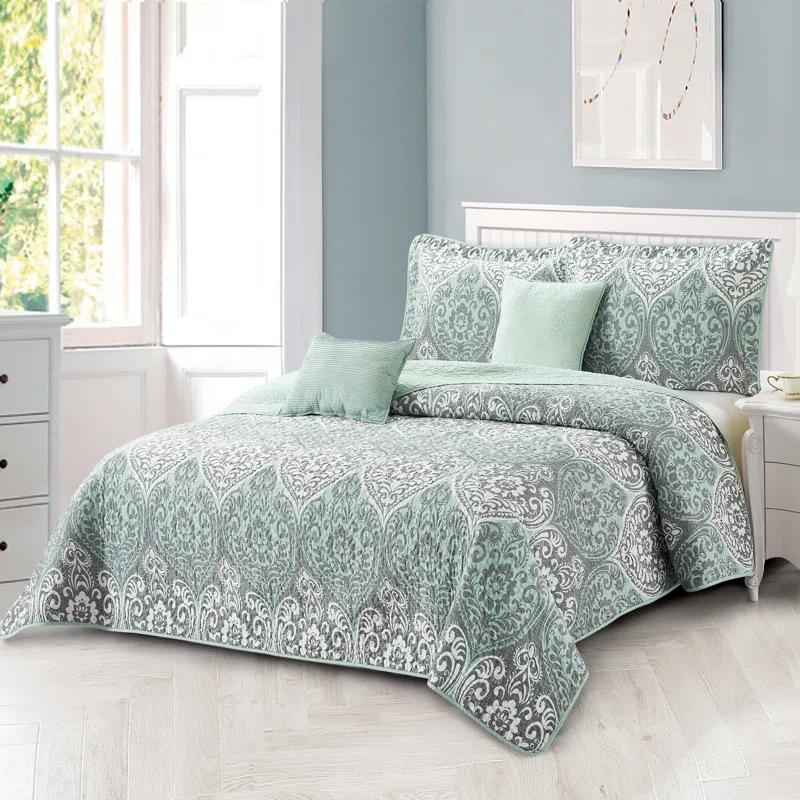 Home Soft Things 5 Piece Kingston Damask Printed Microfiber Quilts Set