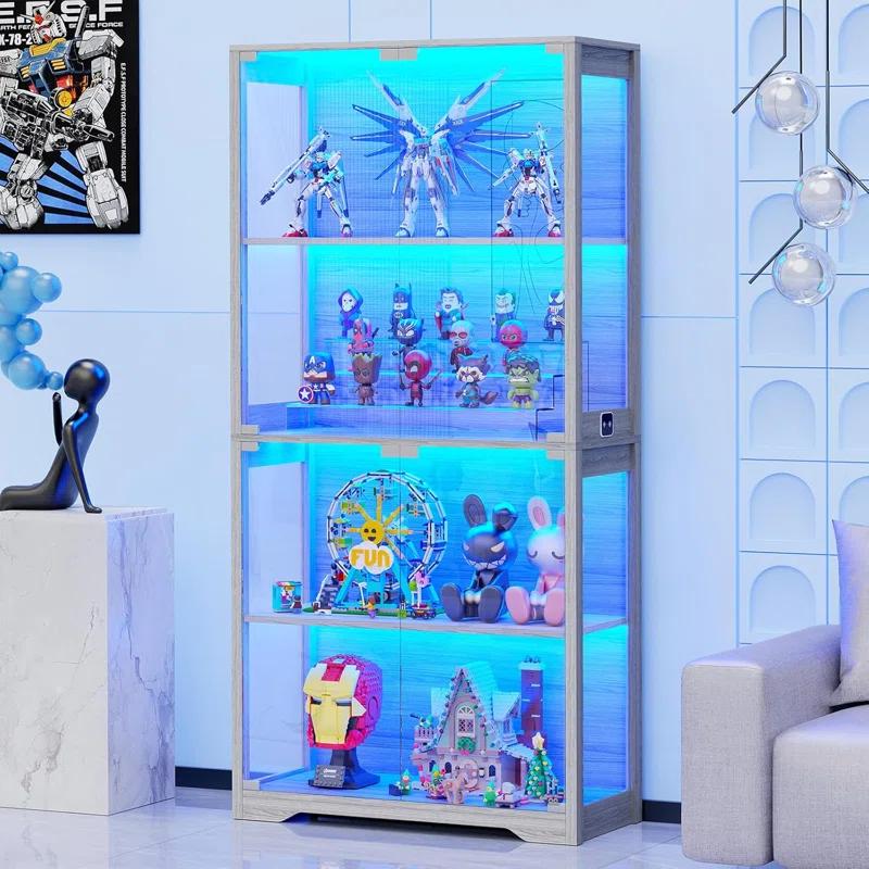 Display Cabinet with Glass Doors, 4-Tier Curio Cabinet&Bookcase with 3 Color Light for Collectibles