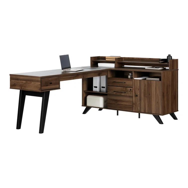 Ivy Bronx Kauan Helsy L-Shaped Desk with Power Bar and Removable Hutch Natural Walnut