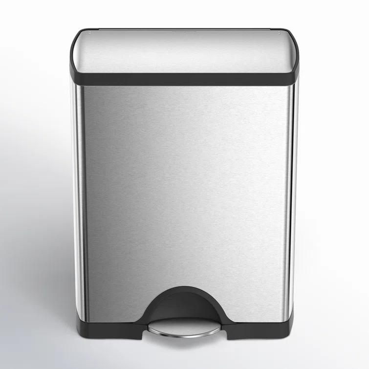simplehuman Rectangular Dual Compartment Recycling Kitchen Step Trash Can, 46 Liter, Stainless Steel