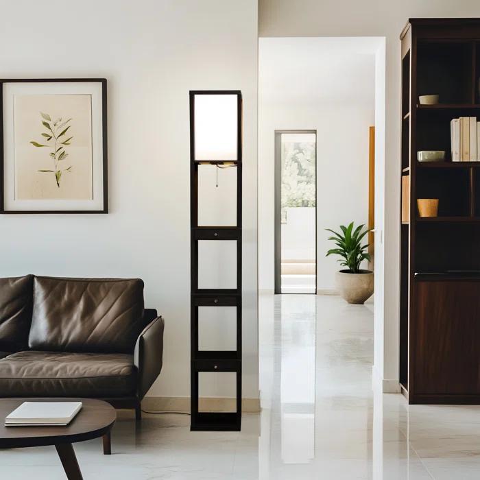 Brightech Maxwell 72" Traditional LED Shelf Floor Lamp with Black Finish, 4 Built-In Shelves, 3 Storage Drawers, Bulb Included
