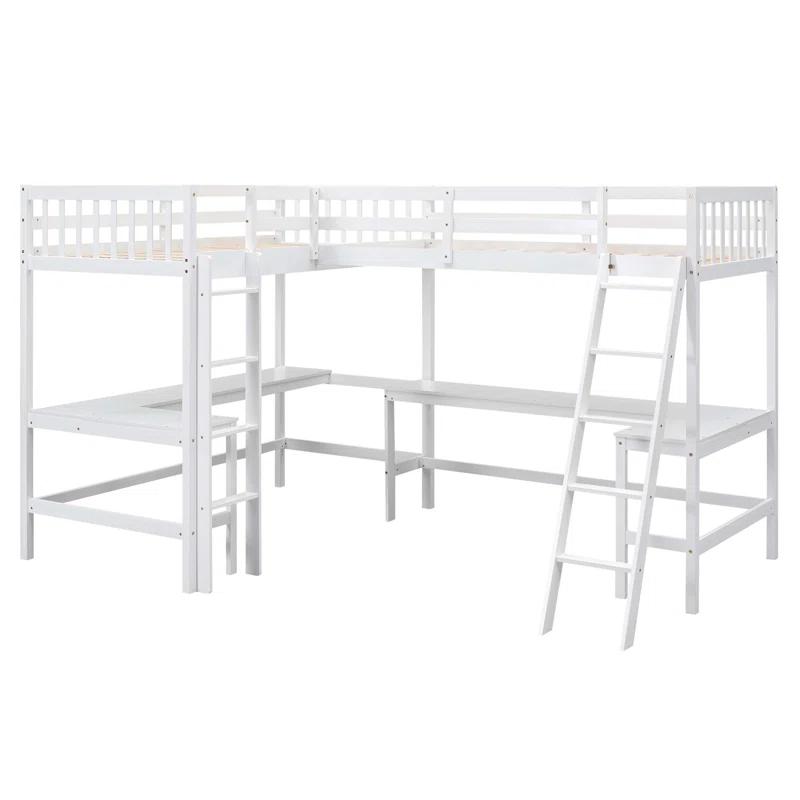 Blendoi Brooke Wood Twin Size L-Shaped Loft Bed with Ladder and 2 Built-in L-Shaped Desks, White