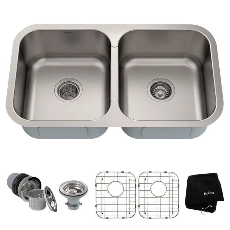 Kraus KRAUS Premier 32-inch L 18 Gauge Undermount 50/50 Double Bowl Stainless Steel Kitchen Sink KBU29