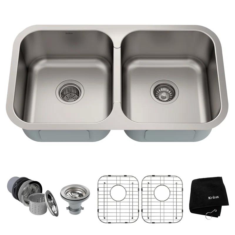 Kraus KRAUS Premier 32-inch L 18 Gauge Undermount 50/50 Double Bowl Stainless Steel Kitchen Sink KBU29