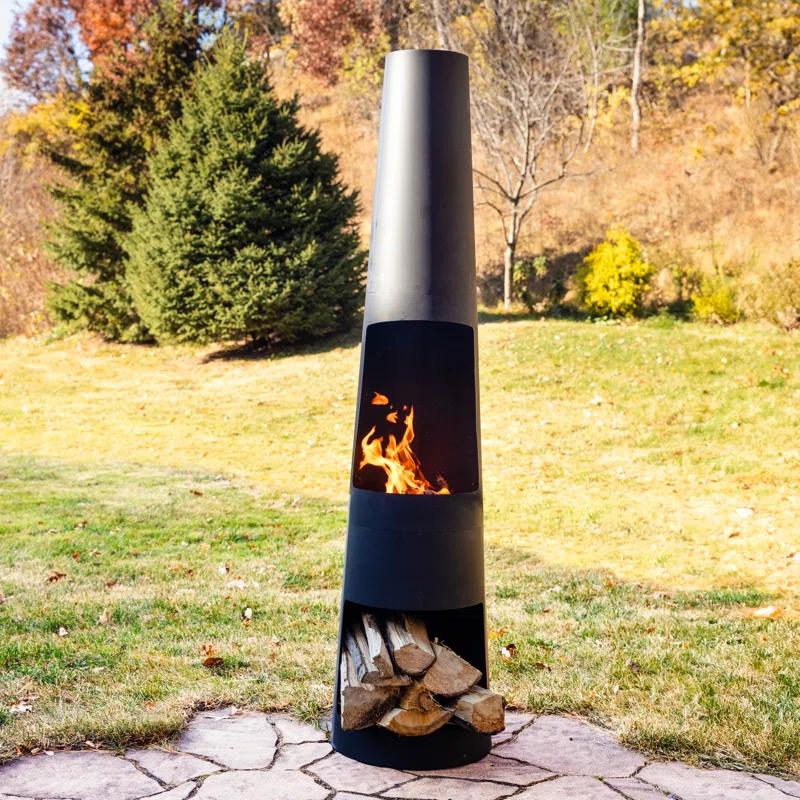 17 Stories 59" Black Finish Steel Outdoor Chiminea Fire Pit with Built-In Log Holder