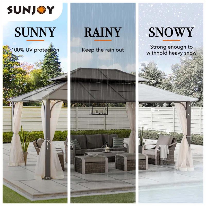 Sunjoy Sunjoy Hardtop Gazebo 12 x 16 ft. Outdoor Gazebo, Heavy Duty Steel Frame Gazebo, Double Tiered Metal Gazebo with Ceiling Hook and Removable Netting Sidewalls