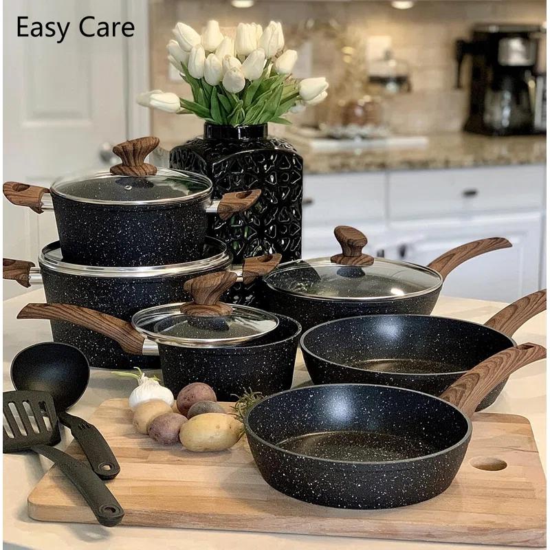 BN-LINKKL Kitchen Academy Induction Cookware Sets - 12 Piece Cooking Pan Set, Granite Black Nonstick Pots And Pans Set