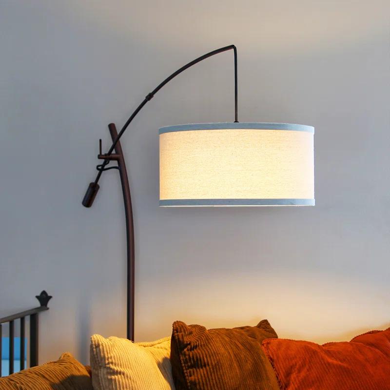 Brightech Grayson 84" Mid-Century Modern Height-Adjustable LED Arc Floor Lamp with Bronze Finish and Beige Cotton Fabric Drum Shade, Bulb Included