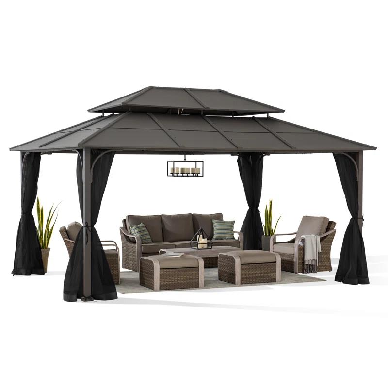 Sunjoy Sunjoy Hardtop Gazebo 12 x 16 ft. Outdoor Gazebo, Heavy Duty Steel Frame Gazebo, Double Tiered Metal Gazebo with Ceiling Hook and Removable Netting Sidewalls