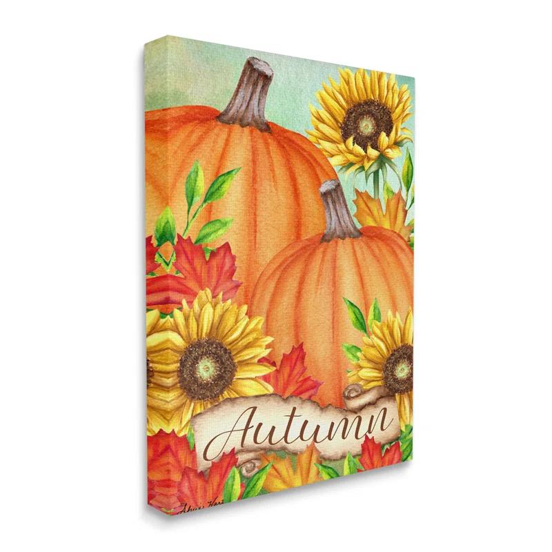 Stupell Industries " Autumn Pumpkins With Sunflowers Red Leaves " by Sheri Hart
