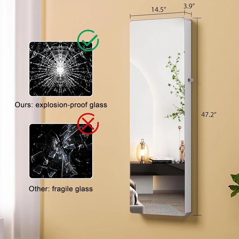 Hokku Designs LED Mirror Jewelry Cabinet,47.2" Wall Mounted Jewelry Organizer with Full-Length Mirror,Over The Door Hanging Jewelry Armoire Storage Cabinet,Folding Dresser,2 Drawers,Lockable, 3 Shelves(White)