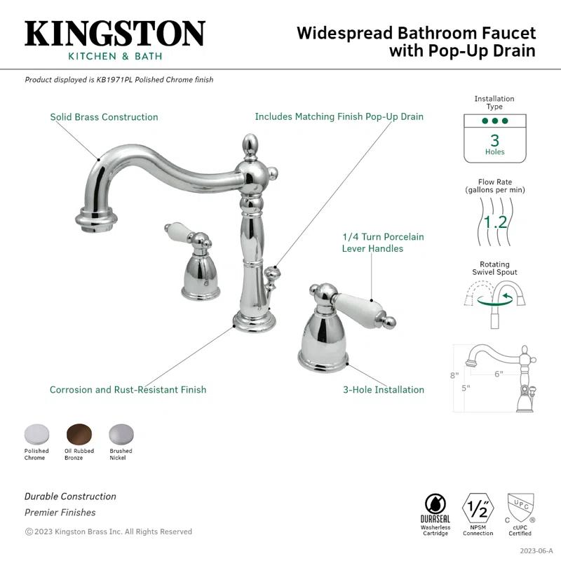 Kingston Brass Heritage Two-Handle 3-Hole Deck Mount Widespread Bathroom Faucet with Pop-Up Drain