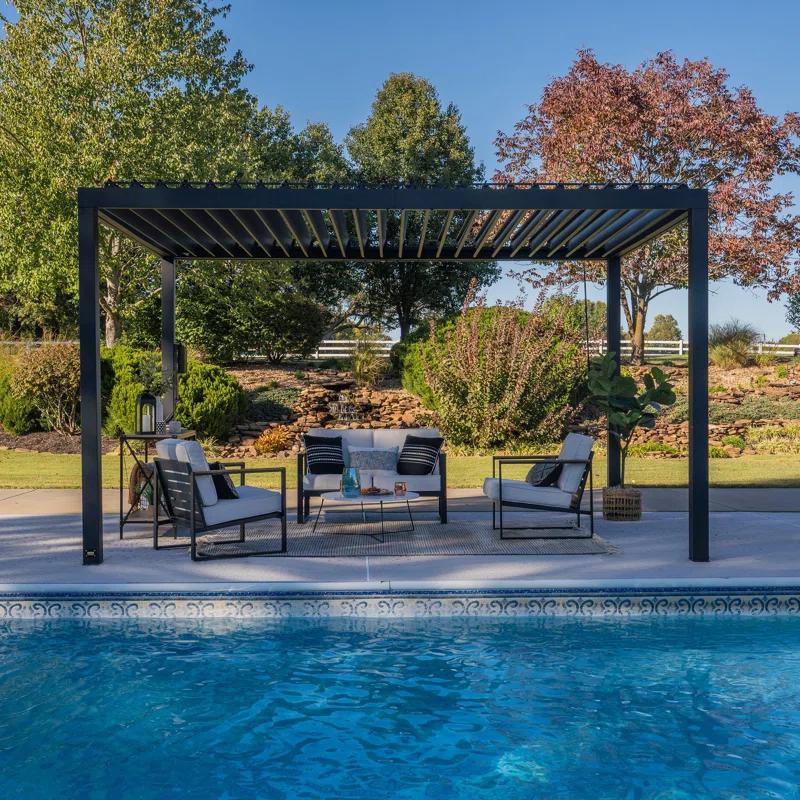 Backyard Discovery Backyard Discovery Sarasota 14' x 10' Galvanized Steel Outdoor Louvered Pergola Kit with Adjustable Steel Roof and PowerPort
