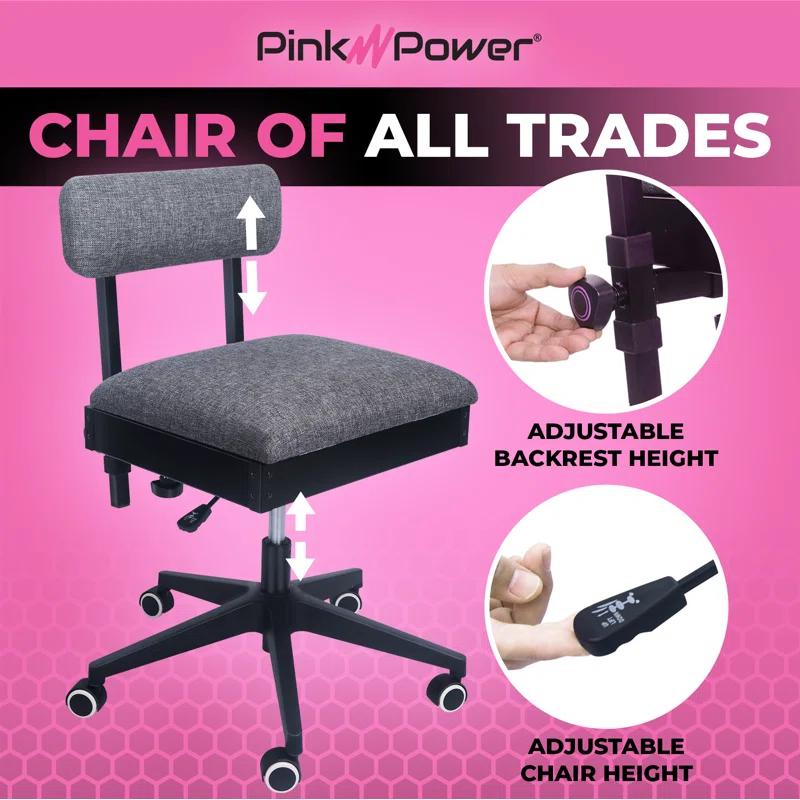 Pink Power Hydraulic Sewing Chair with Wheels and Adjustable Back Support - Armless Chair for Sewing, Crafting