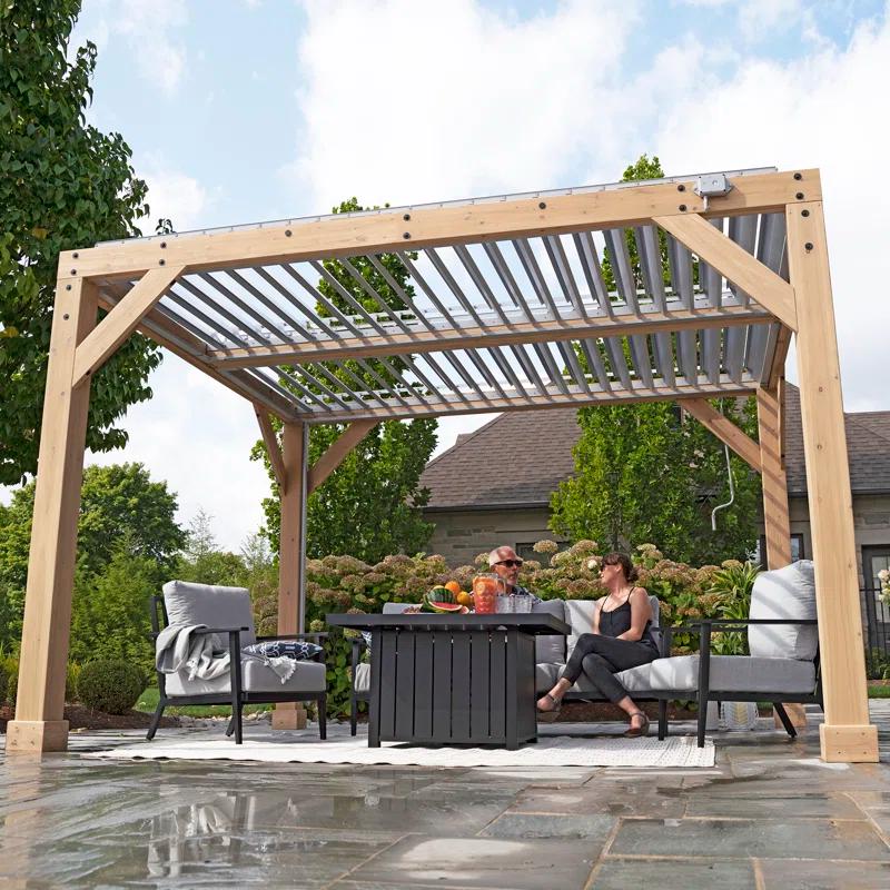 Yardistry 10' x 12' Meridian Louvered Pergola  Premium Cedar Wood Structure with Adjustable Aluminum Louvers and Built-In Gutter System for Outdoor Shade and Rain Protection