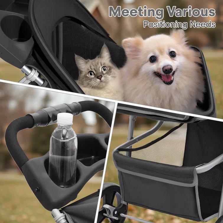 ATCHISON Foldable Pet Stroller, 3 Wheels Folding Carrier Jogger Stroller for Dogs Cats with Canopy and Basket