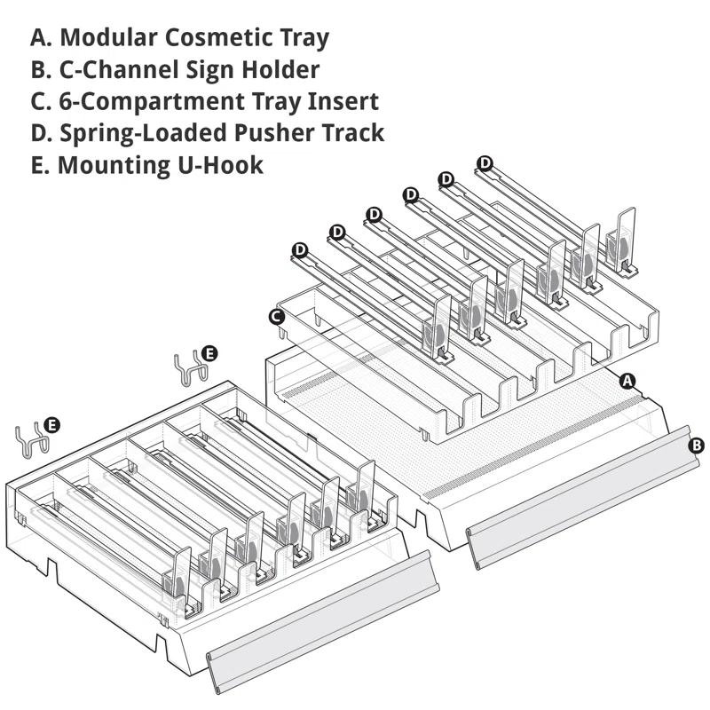 Azar Displays Clear 6 Compartment Divider Bin Cosmetic Tray with Pushers - 6 Slots per Tray, 2-Pack (Set of 2)
