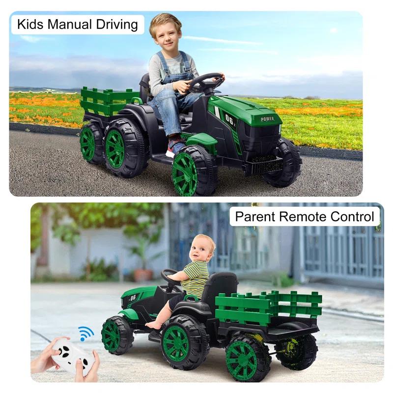 Yesurprise 12v Kids Ride On Tractor With Trailer Battery Powered Electric Vehicles Toy With 35w Dual Motor Remote Control 6 Wheels Led Lights Music