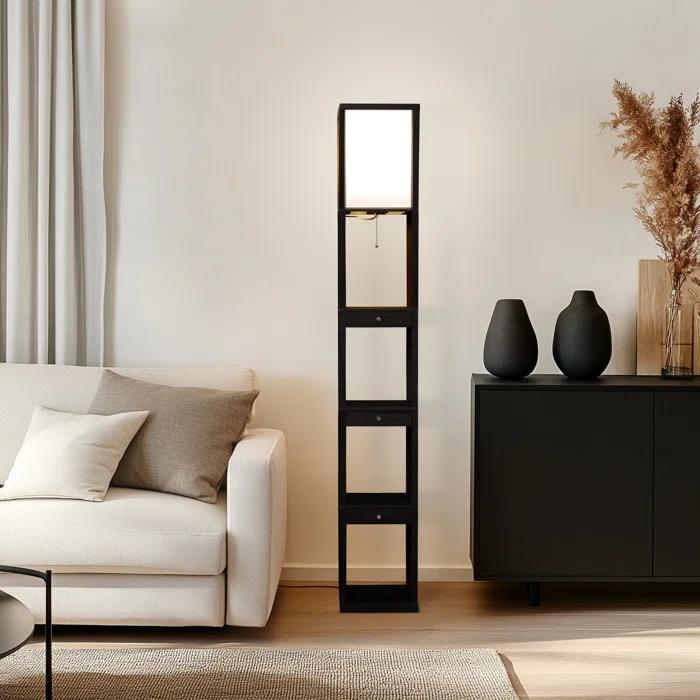 Brightech Maxwell 72" Traditional LED Shelf Floor Lamp with Black Finish, 4 Built-In Shelves, 3 Storage Drawers, Bulb Included