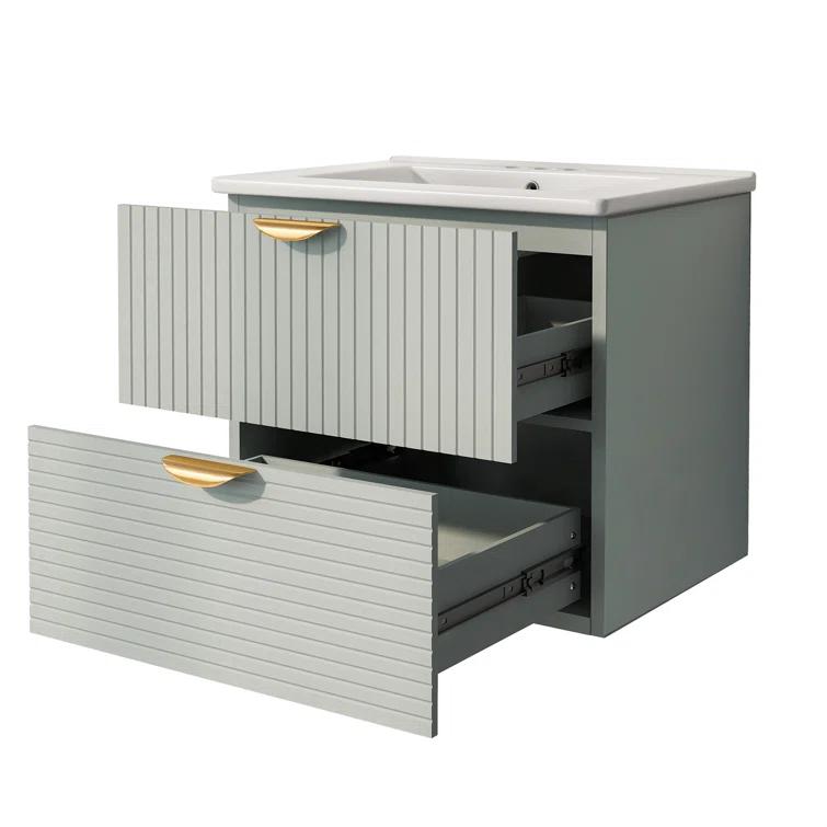 Tryimagine Modern 24-Inch Wall-Mounted Bathroom Vanity With 2 Drawers, Green - Ideal For Small Bathrooms