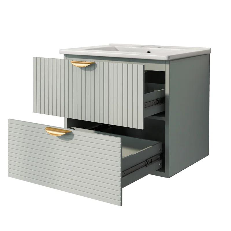 Tryimagine Modern 24-Inch Wall-Mounted Bathroom Vanity With 2 Drawers, Green - Ideal For Small Bathrooms