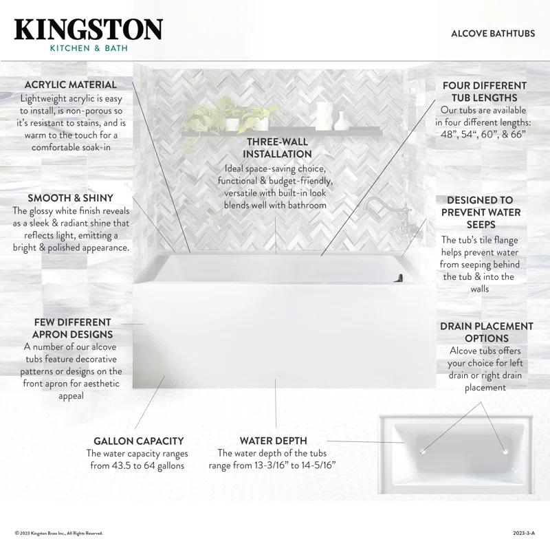 Kingston Brass VTAP6032R22C Kingston Brass Aqua Eden 60-Inch Acrylic Rectangular 3-Wall Alcove Tub with Anti-Skid Surface