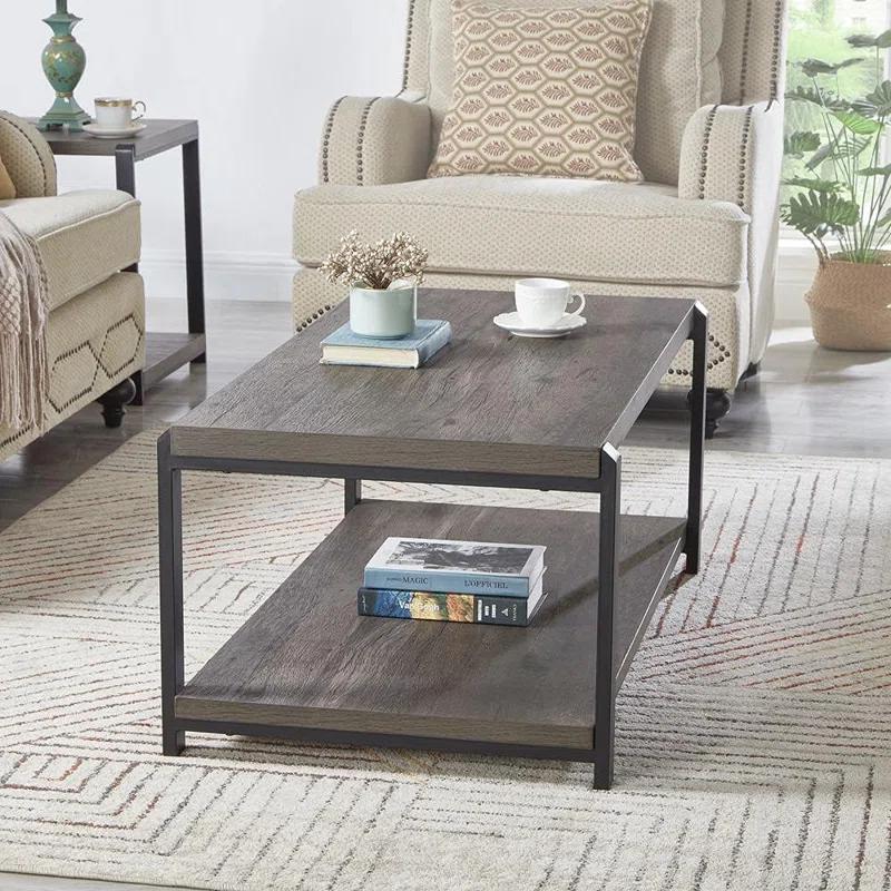 17 Stories Coffee Table With Storage Shelf, Rustic Wood And Metal Cocktail Table For Living Room, Grey