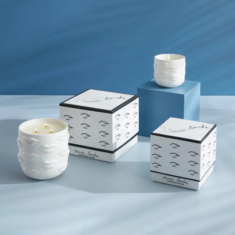 Jonathan Adler Muse Bergamot, Mandarin, Marine, Pepper, Violet, Rose, Cedarwood, Amber, Sandalwood, And Suede. Scented Designer Candle with Porcelain Holder