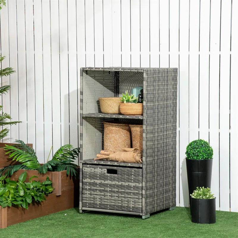 Tryimagine Outsunny Valet Pool Towel Rack, Waterproof PE Plastic Rattan Wicker Storage Organizer, Indoor Outdoor Spa, And Hot Tub Accessory Storage, 2 Shelves, 1 Basket Drawer