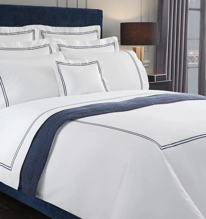 Twin White and Ocean Cotton Percale Duvet Cover