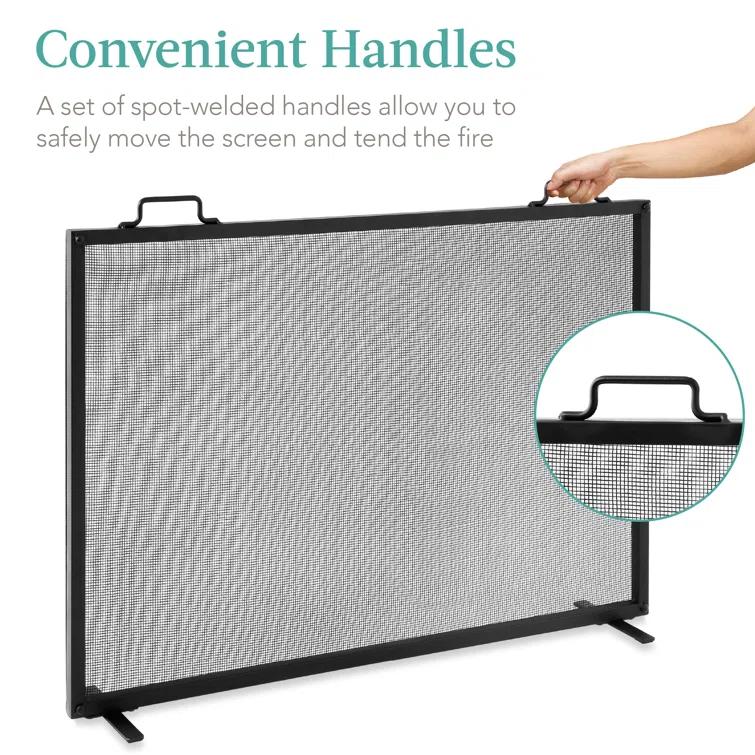 Cassiano 38x27in Single Panel Fireplace Screen Handcrafted Steel Mesh Spark Guard w/ Handles